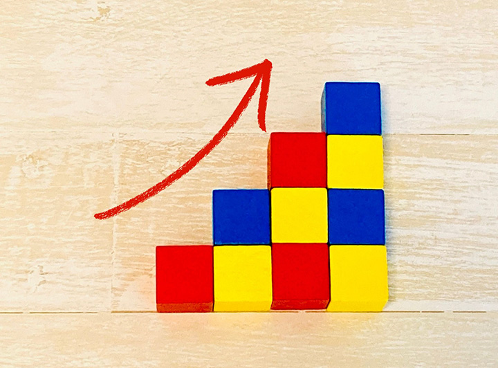 積み木が左から1つ、2つ、3つと右肩上がりに並んでいるイメージ画像
