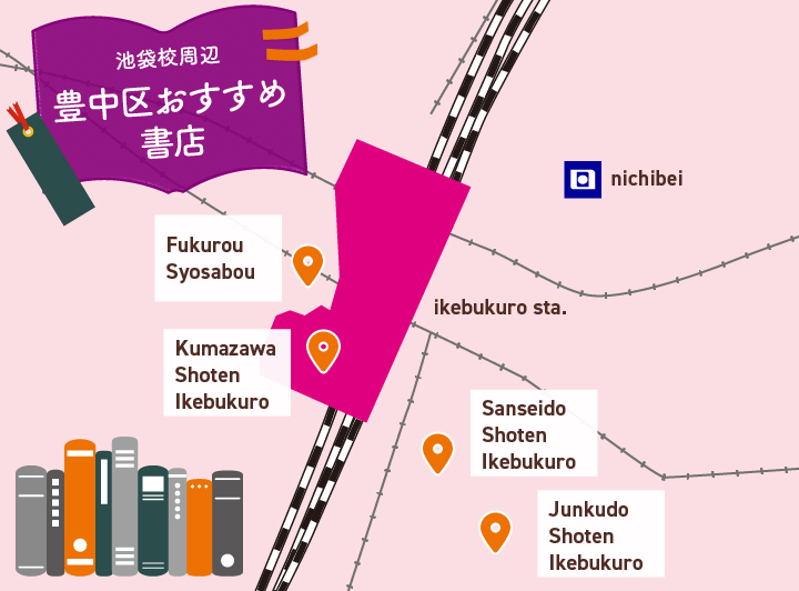 豊島区中心部の簡易な地図。書店、日米英語学院池袋校の位置が付与されている。
