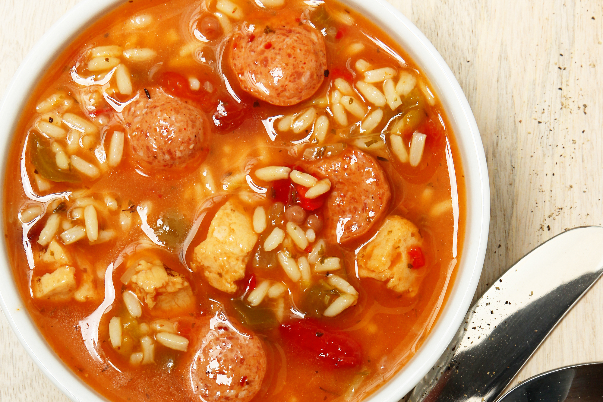 Bowl of Cajun Spicy Chicken and Sausage Gumbo Soup