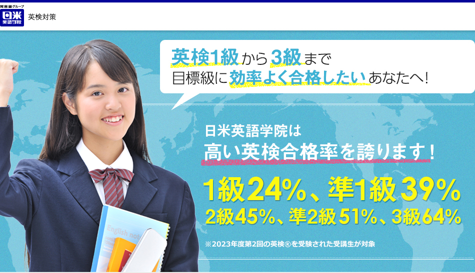 英検1級から3級まで、目標級に何としても合格したいあなたへ！日米英語学院の英検コース受講者のうち1級・準1級受験者の合格率は全国の約4倍、その他の級も高い合格率！※2012年度の英検を受験し、合否申告を行った受講生が対象