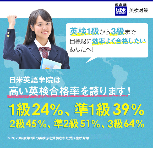 英検1級から3級まで、目標級に何としても合格したいあなたへ！日米英語学院の英検コース受講者のうち1級・準1級受験者合格率は全国の約4倍、その他の級も高い合格率！