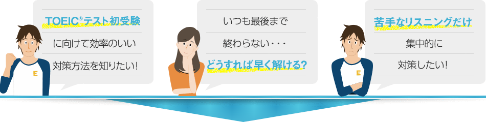 初のTOEIC受験に向けて効率のいい対策方法を知りたい！いつも最後まで終わらない・・・どうすれば早く解ける？苦手なリスニングだけ集中的に対策したい！