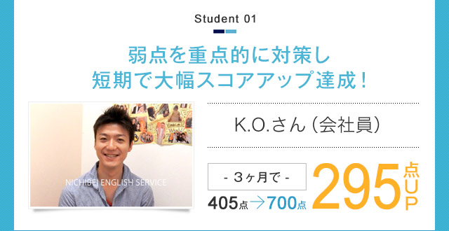 弱点を重点的に対策し短期で大幅スコアアップ達成！ K.O.さん（会社員）- 3ヶ月で -405点→700点　295点UP