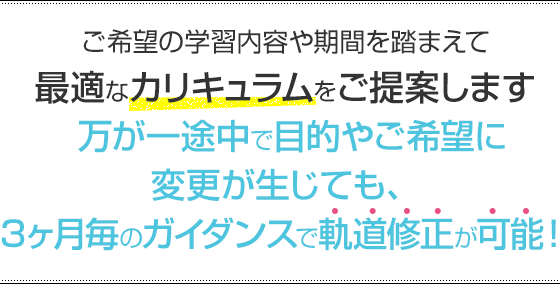 ご希望の学習内容や期間を踏まえて最適なカリキュラムをご提案します。万が一途中で目的やご希望に変更が生じても、3ヶ月毎のガイダンスで軌道修正が可能！
