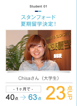 スタンフォード夏期留学決定！ Chisaさん(大学生) 1ヶ月で40点→63点　23点UP