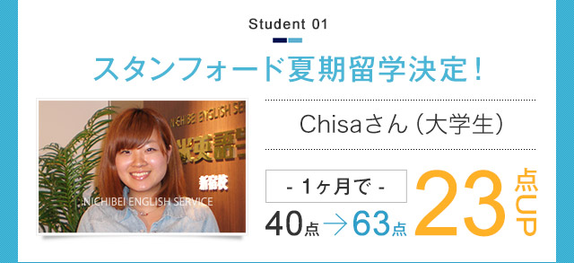 スタンフォード夏期留学決定！ Chisaさん(大学生) 1ヶ月で40点→63点　23点UP