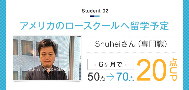 アメリカのロースクールへ留学予定　Shuheiさん(専門職) 6ヶ月で50点→70点 20点UP