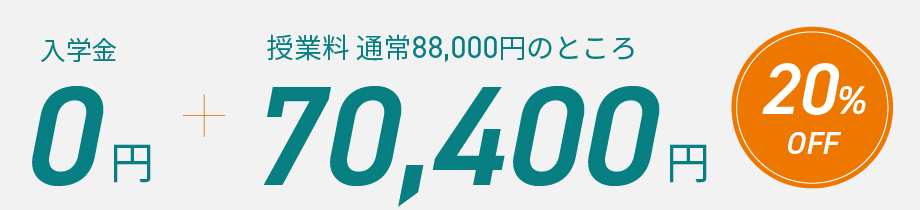 入学金0円、さらに授業料が20％オフの70400円