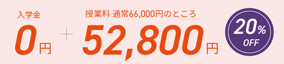 入学金0円、さらに授業料が20%オフの52800円