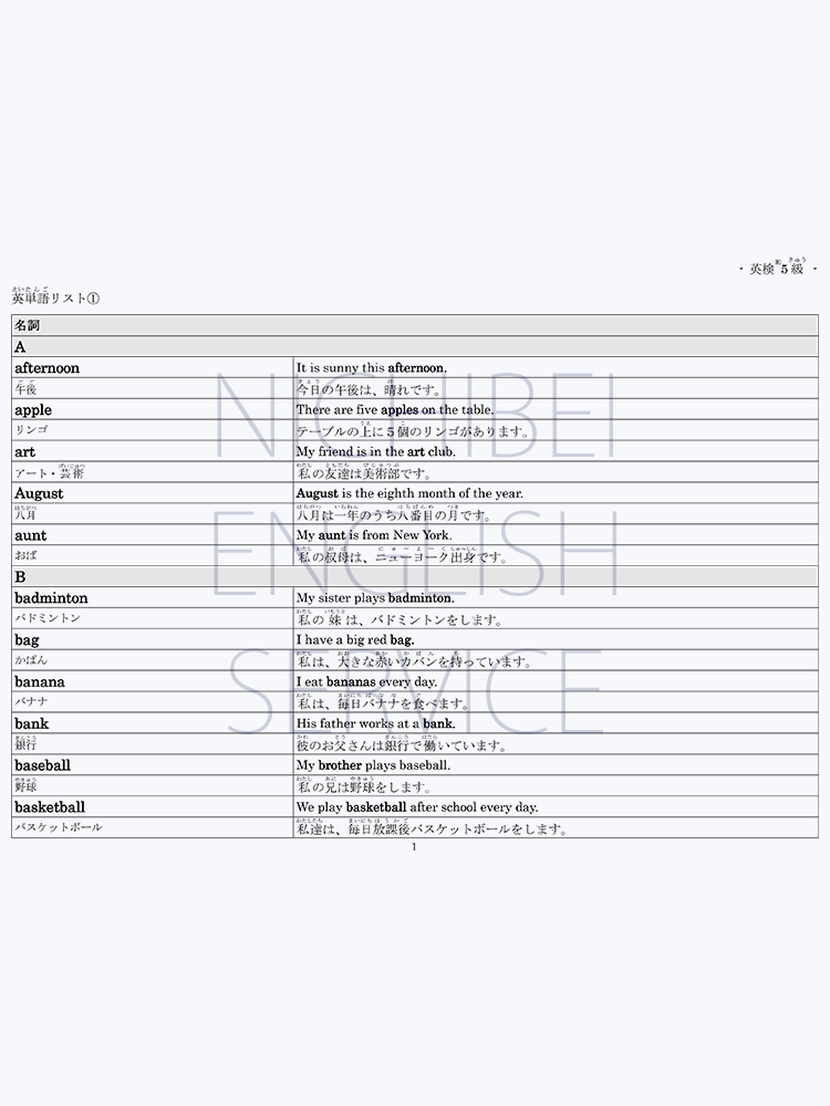 日米英語学院のオリジナル各級単語リスト
