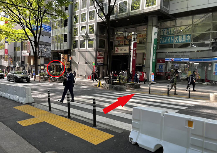 画像：横断歩道手前から奥に向かって赤い矢印が表示されています。左に曲がって最初の交差点の手前に入口があり、赤い丸で示されています。