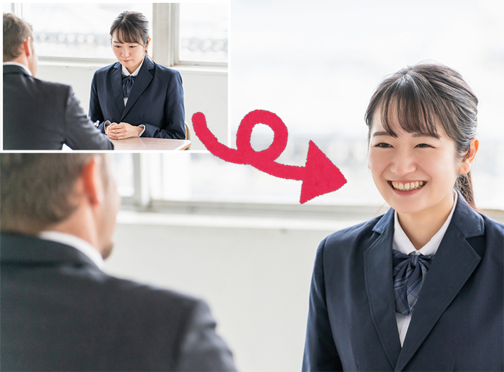 面接中に緊張して口が堅く閉じてしまっている学生の写真